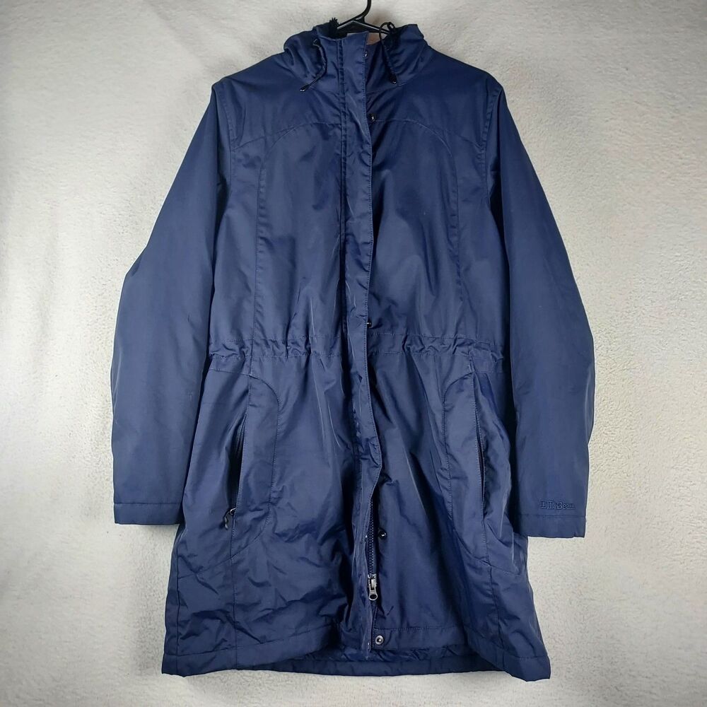 LL Bean Hooded Parka Jacket Womens M Navy Cinched Waist Full Zip Nylon